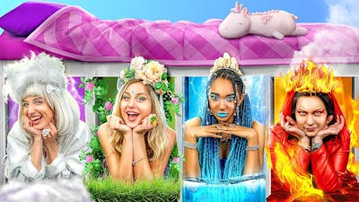 Four Elements In Secret Rooms Under The Bed! Fire Girl, Water Girl, Air Girl and Earth Girl!