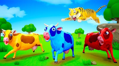 3 Magical Colored Cows Fun Play with Elephant and Tiger | Funny Cows and Animals 3D Cartoons
