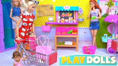 Barbie Girl and Baby Doll Go Grocery Shopping to the Supermarket! PLAY DOLLS