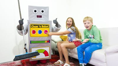 Avelina and Akim build a cleaning robot, Amelia helps a friend story