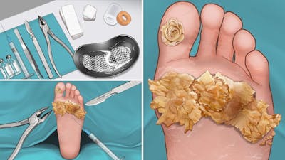 ASMR | Surgery to Remove Large Plantar Warts Animation | Corn Foot Calluse HPV Treatment 사마귀 足底疣贅