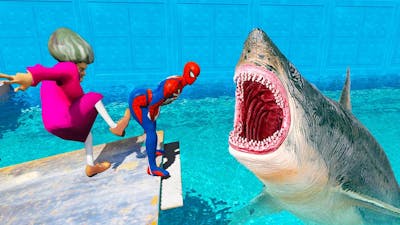 Spiderman and Scary Teacher Shark Danger, Spiderman Fall in Shark Area - Game Animation